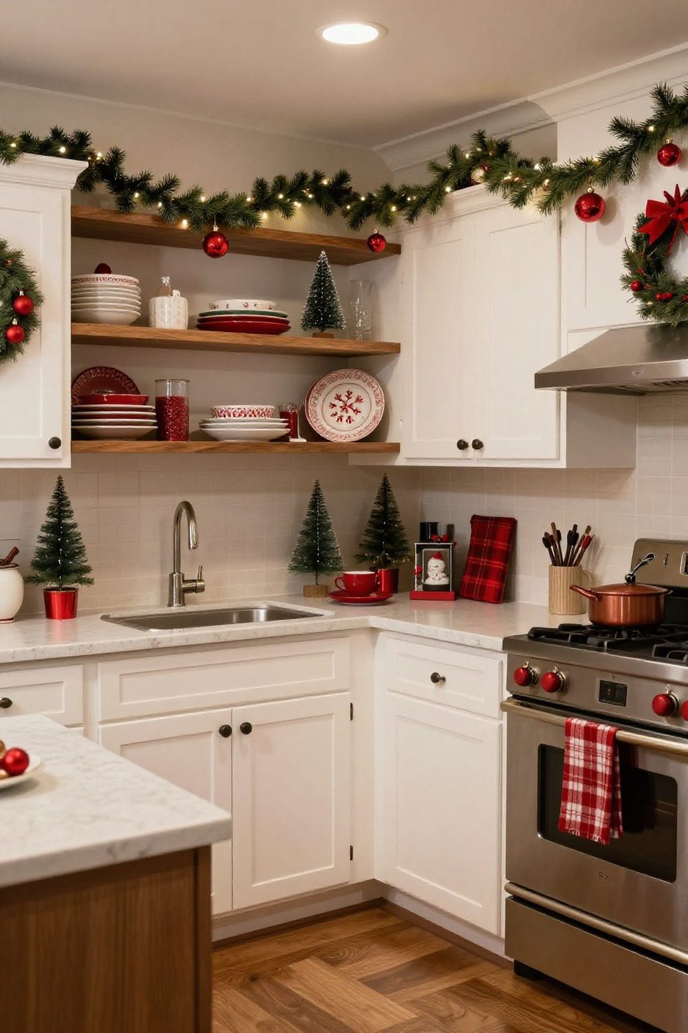Open kitchen shelves styled with Christmas dishes, bottle-brush trees and small garland