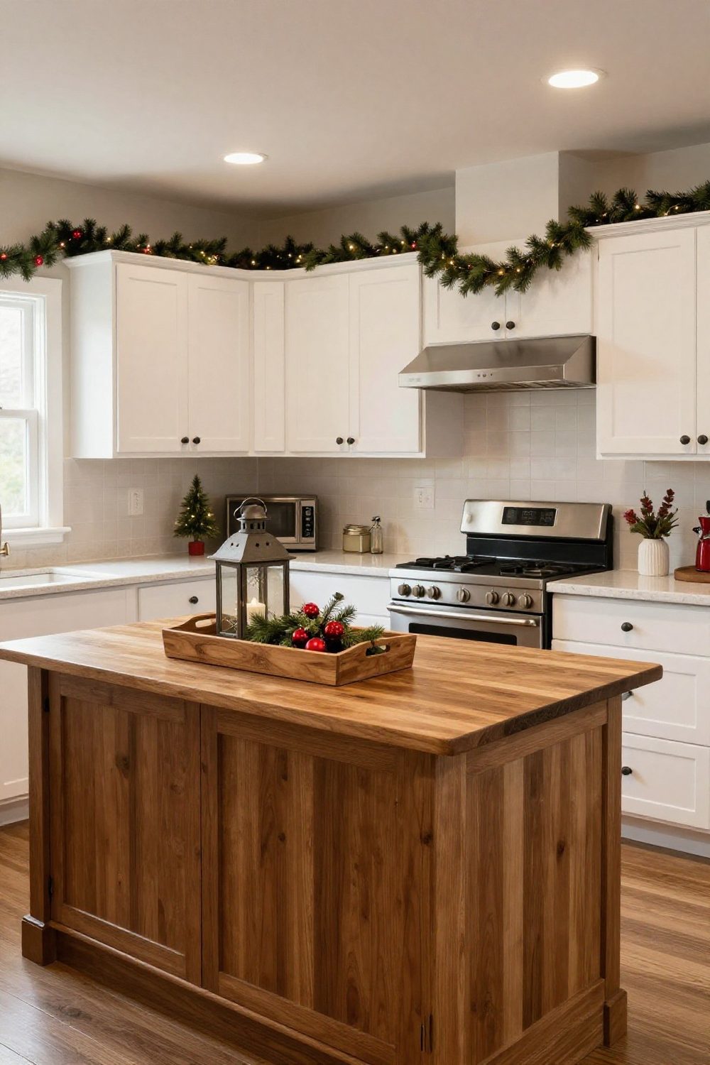 Kitchen island with a long wooden decorative tray holding a lantern, greenery and ornaments at one end