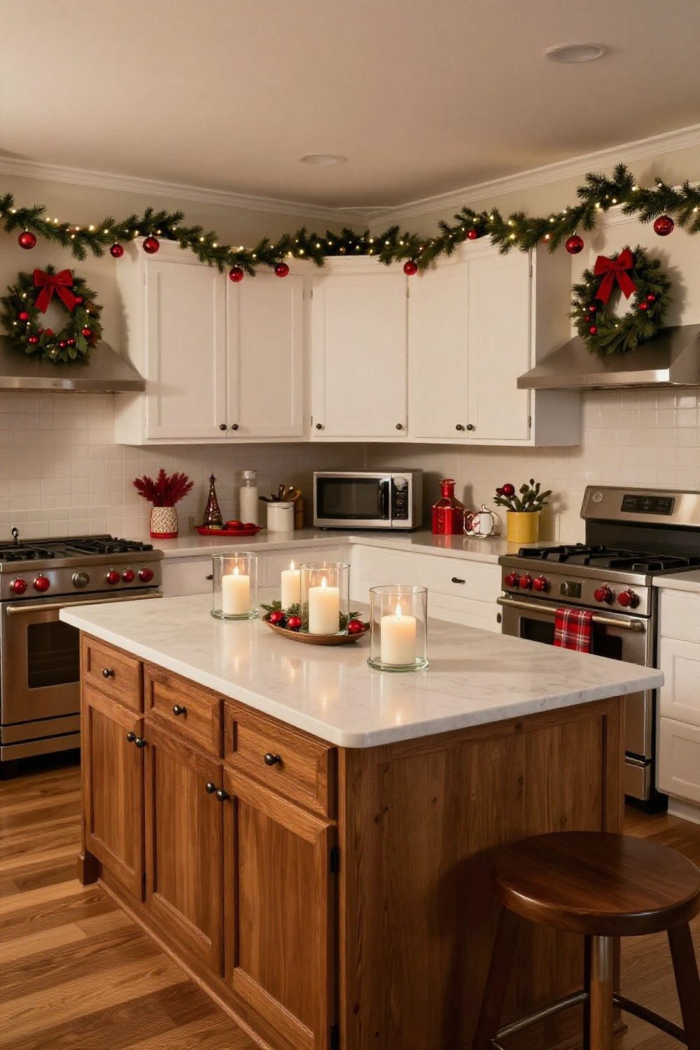 Low greenery runner along the center of a large kitchen island with pillar candles in glass hurricanes