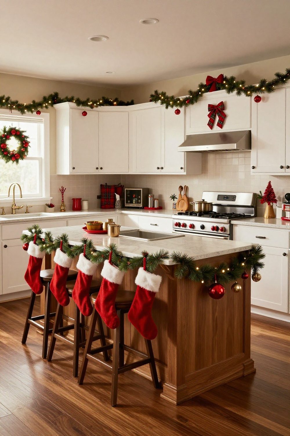 Garland and stockings hung along the front edge of a kitchen island with bar stools