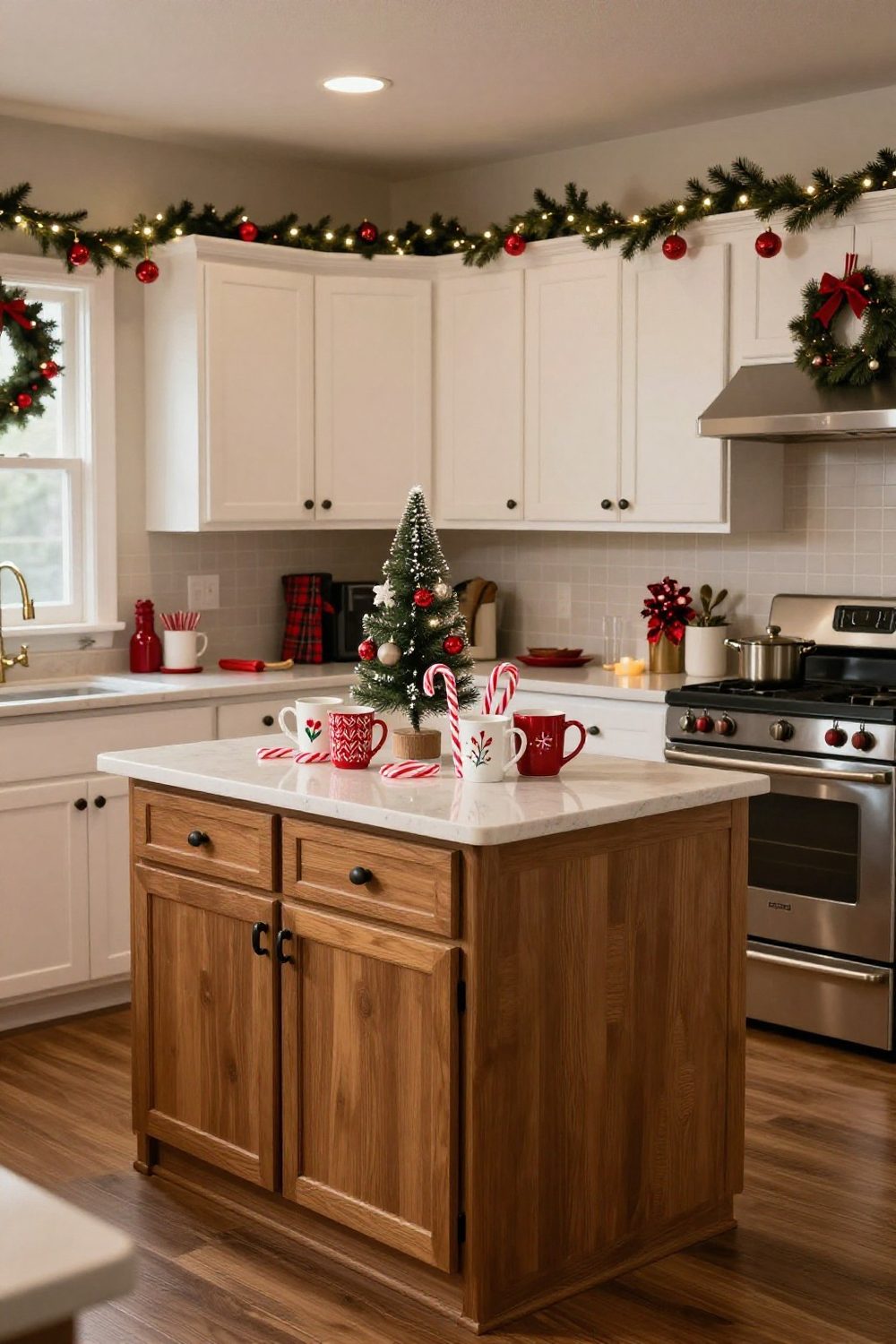 Coffee station on a kitchen counter decorated for Christmas with mugs, a mini tree and candy canes