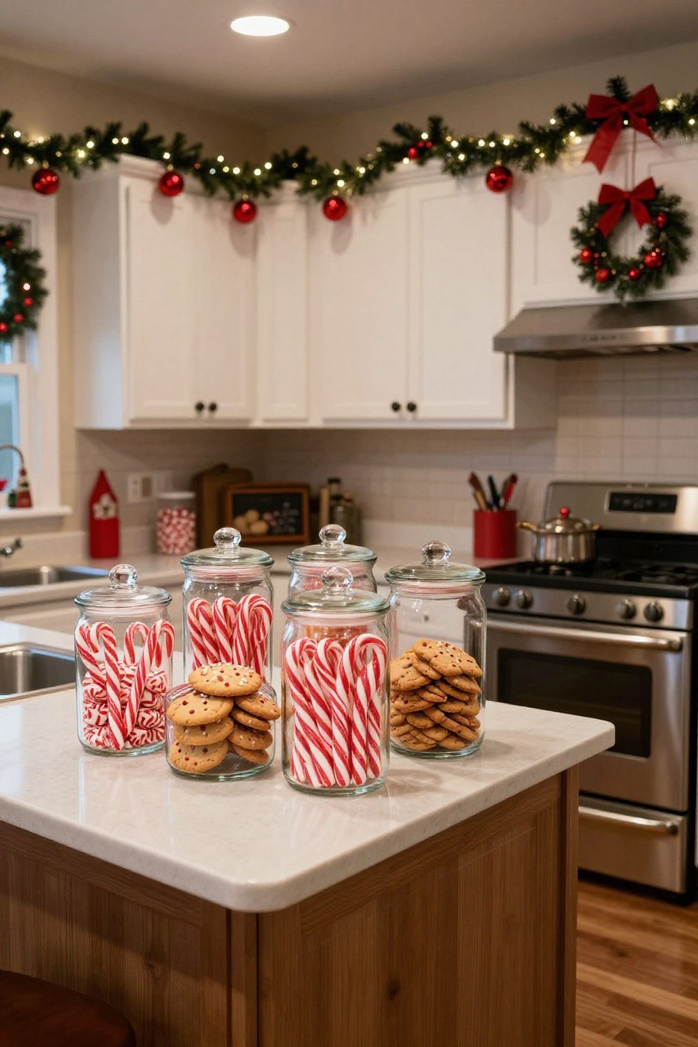 Glass canisters filled with candy canes, cookies and peppermints on a kitchen counter