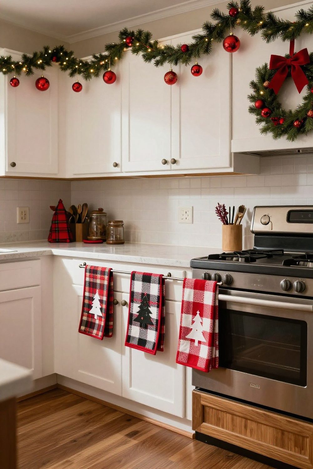 Plaid Christmas dish towels hanging on a kitchen oven handle and cabinet
