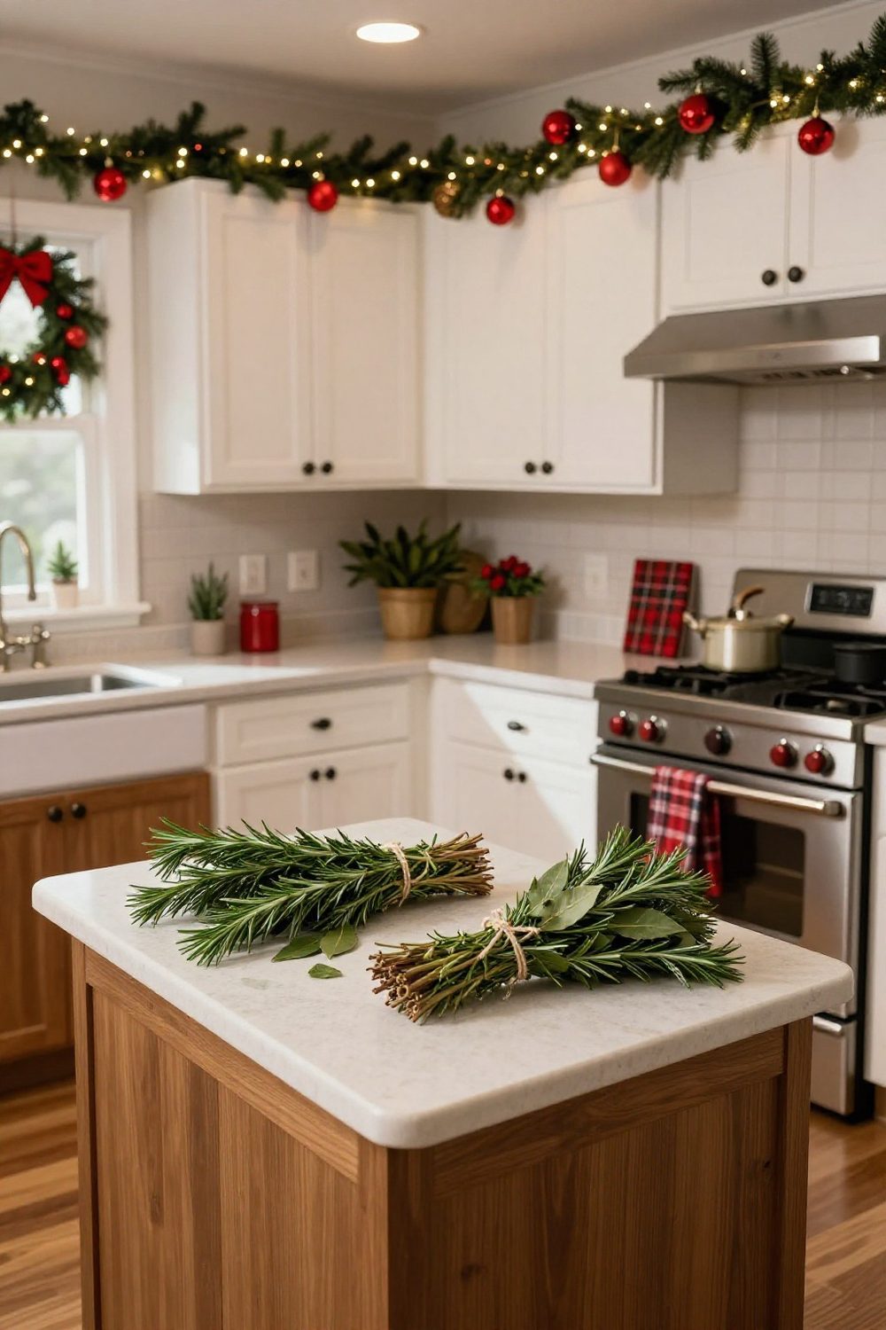 Fresh rosemary and bay leaf bundles tied with twine in a kitchen as edible Christmas greenery