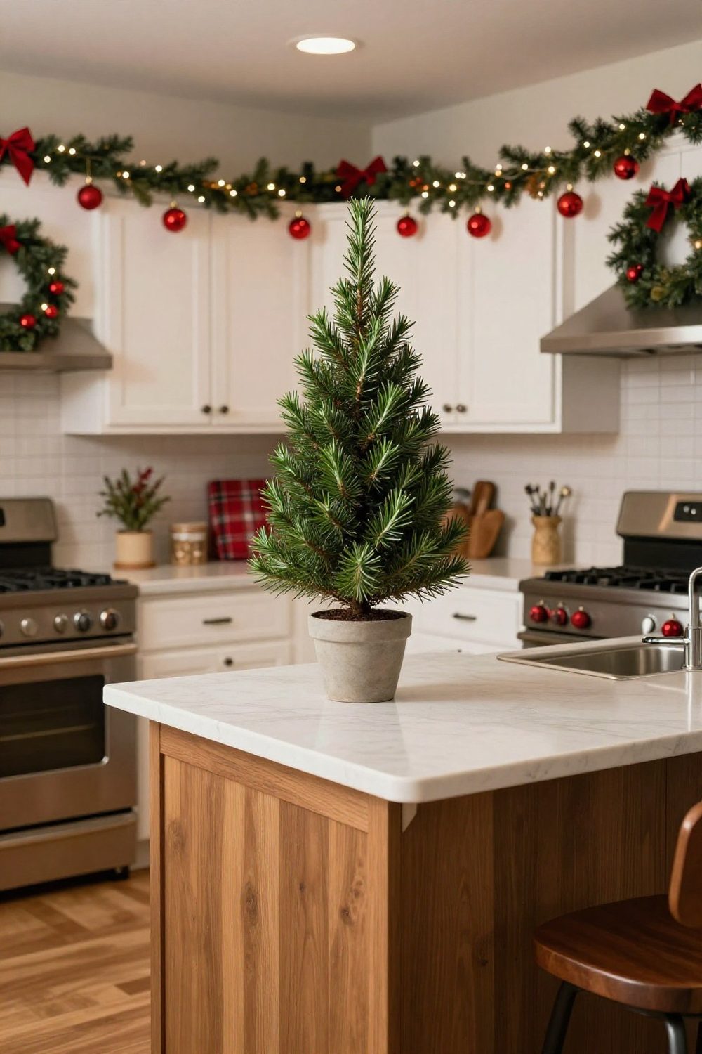 Small potted rosemary tree decorated as a mini Christmas tree on a kitchen counter