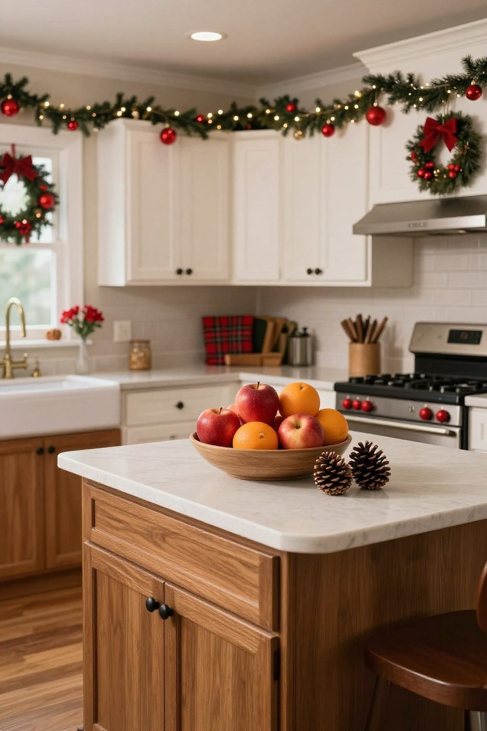 Bowl of red apples, oranges and pinecones on a kitchen counter for Christmas