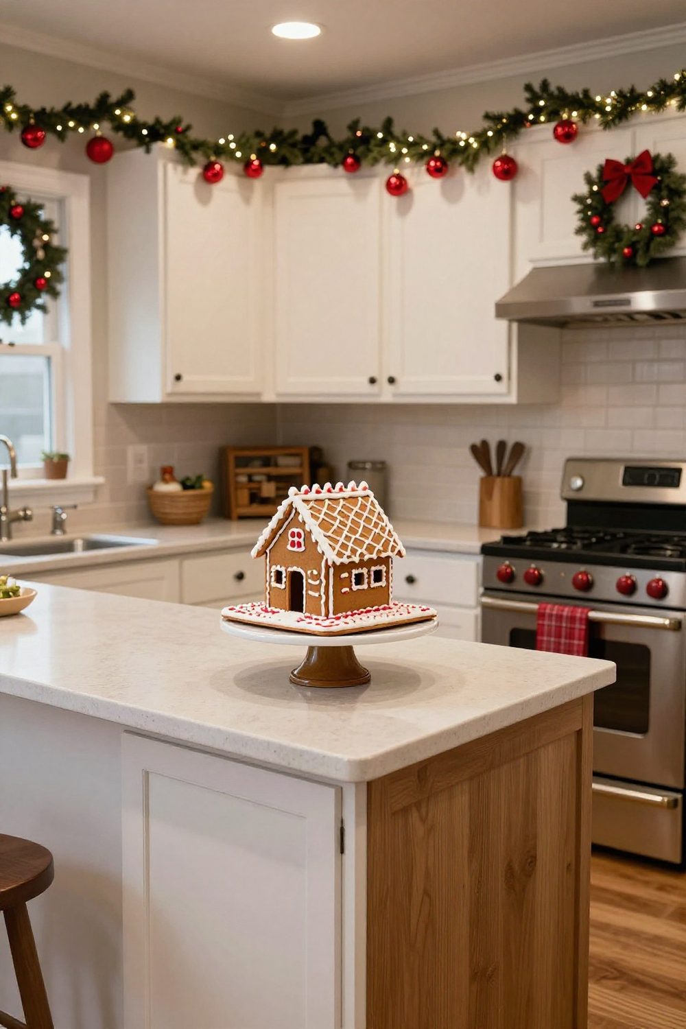 Gingerbread house displayed on a cake stand on a kitchen counter with Christmas decor