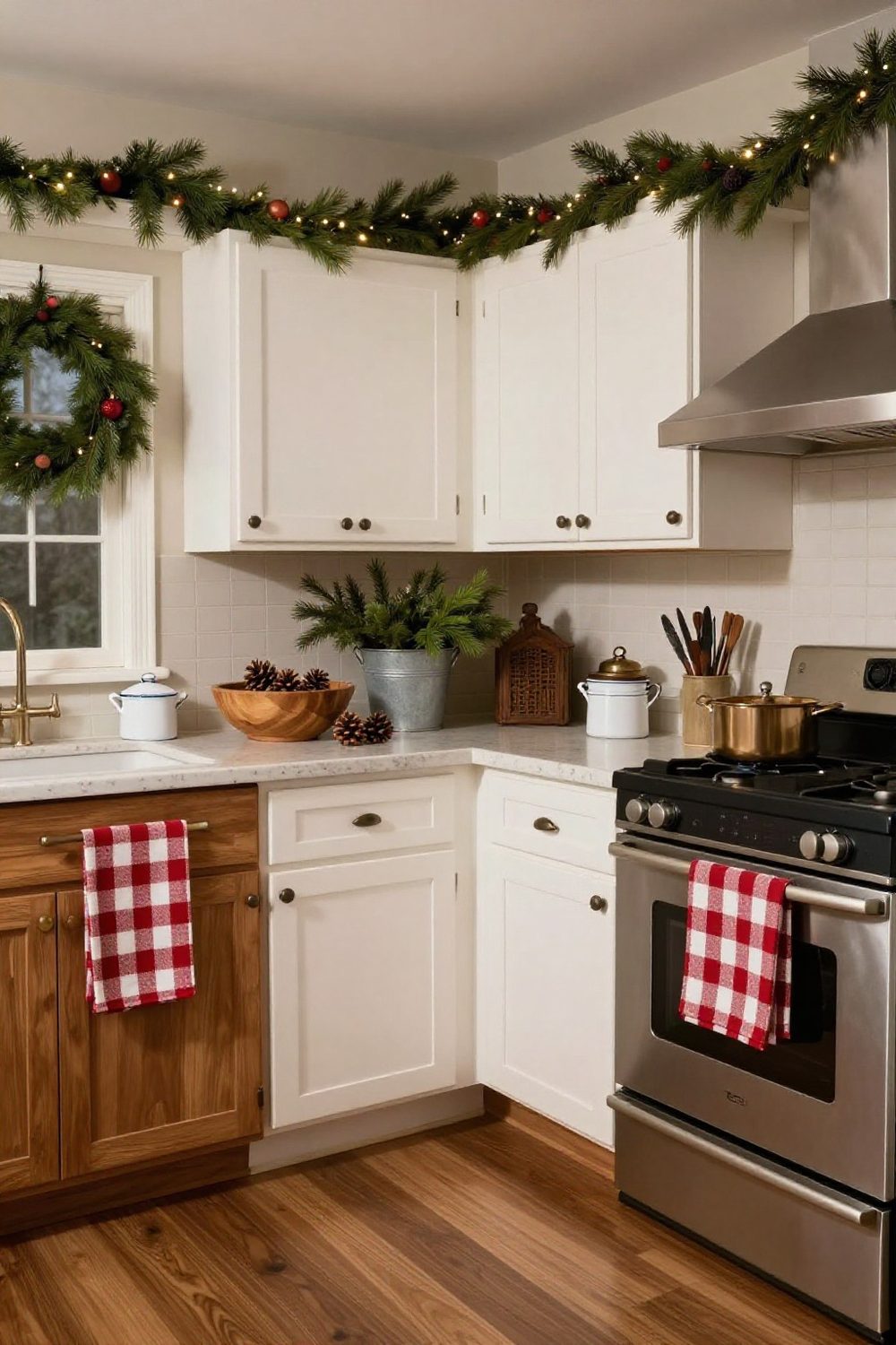 Farmhouse Christmas kitchen with buffalo plaid, galvanized pots and wooden signs without text