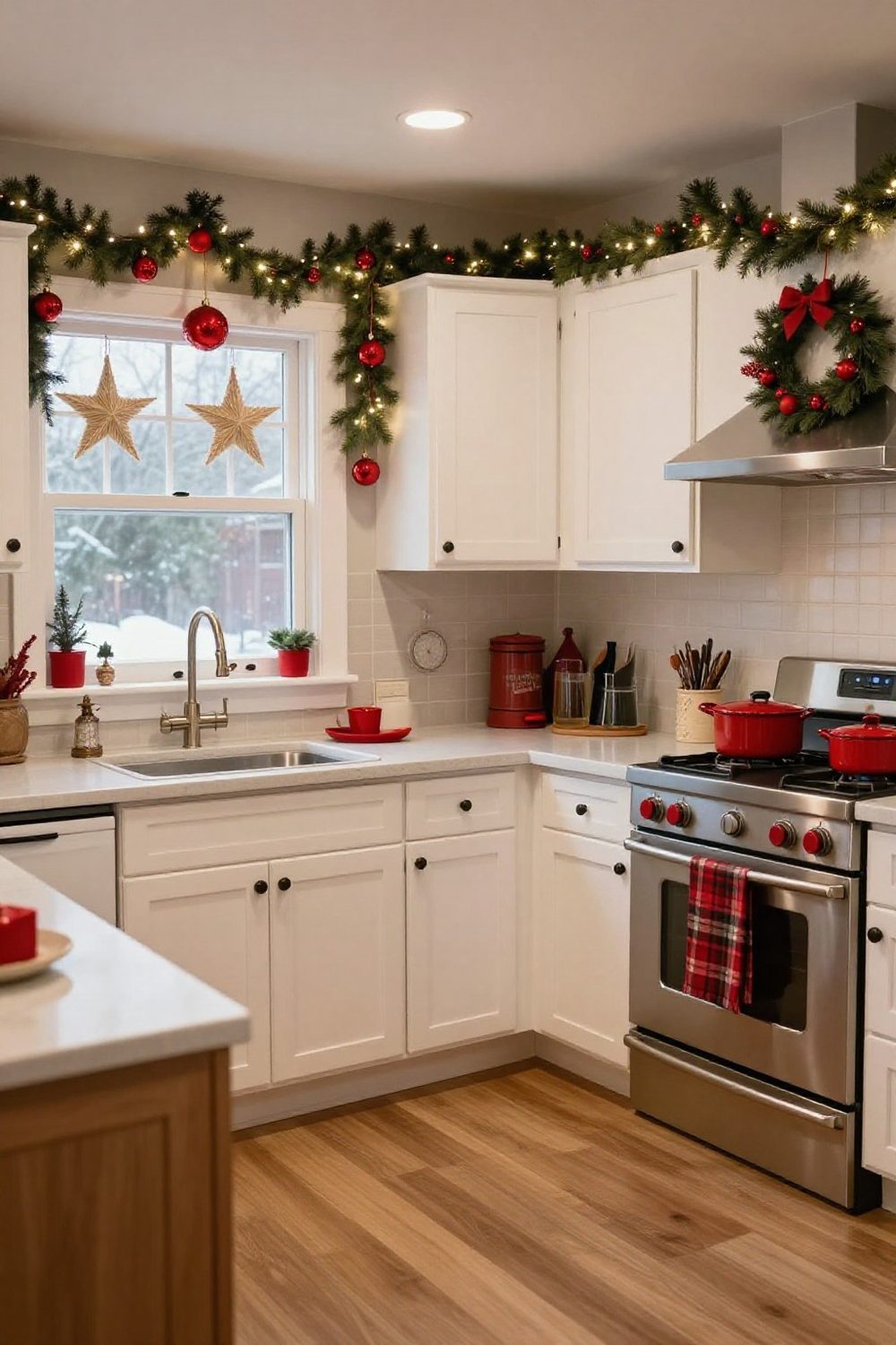 Scandinavian Christmas kitchen with white cabinets, straw stars in the window and red accents