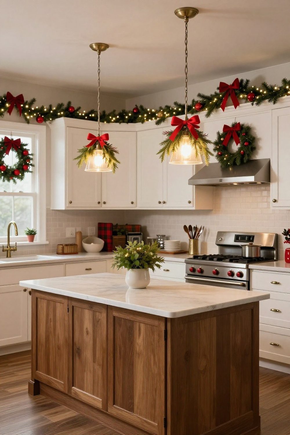 Kitchen pendant lights over an island with small greenery and red ribbon tied at the top of the cords