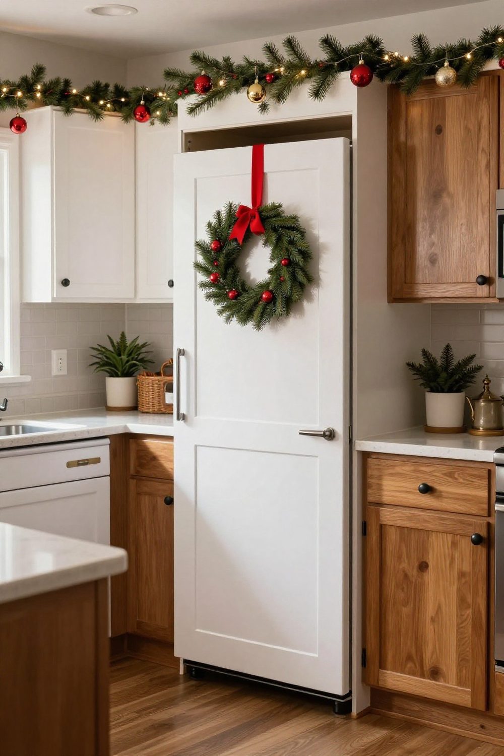 Kitchen chalkboard-style pantry door decorated with a small wreath