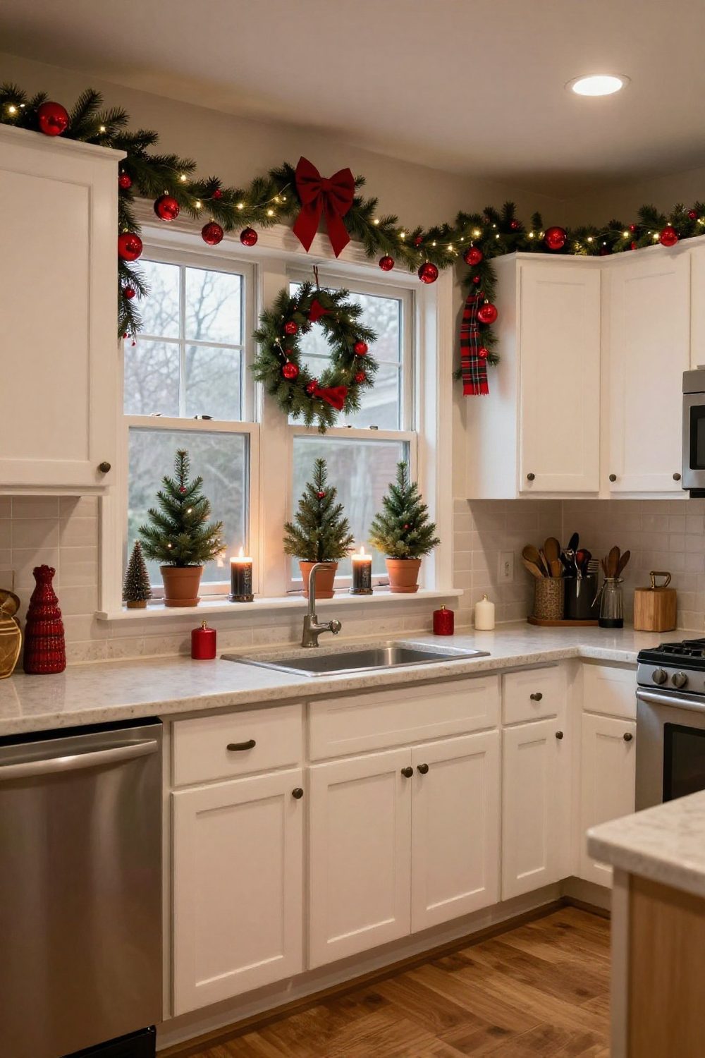 Kitchen windowsill with small potted evergreens and battery candles