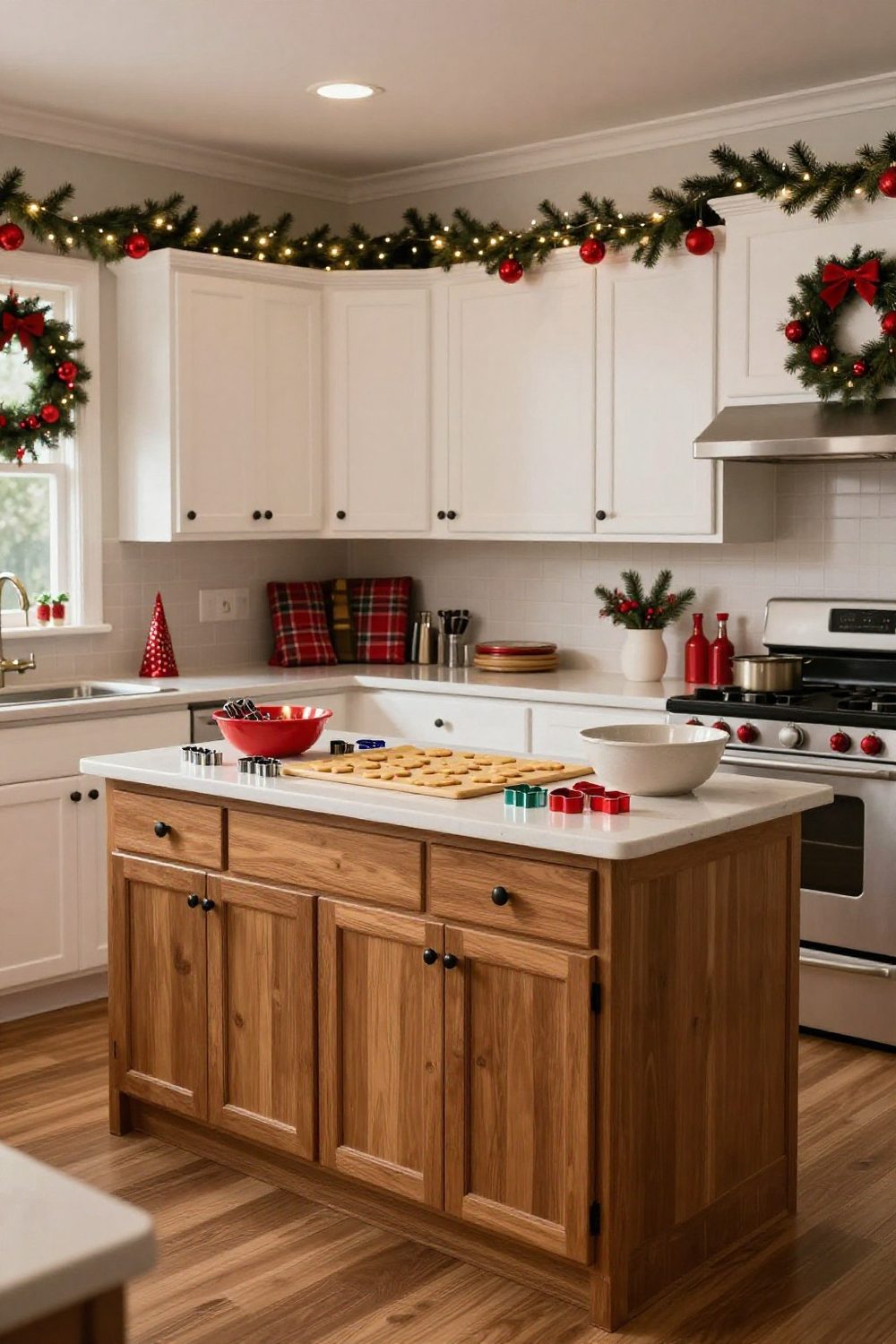 Christmas cookie baking station with cookie cutters, a bowl and festive decor in a kitchen