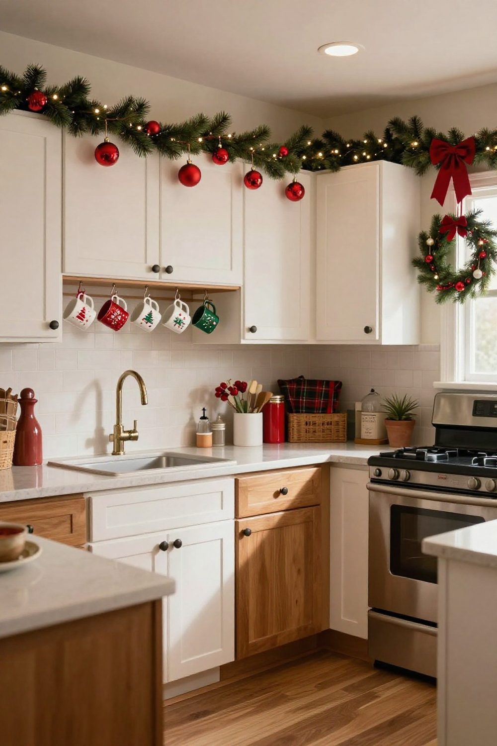 Christmas mugs hanging from hooks under a kitchen shelf