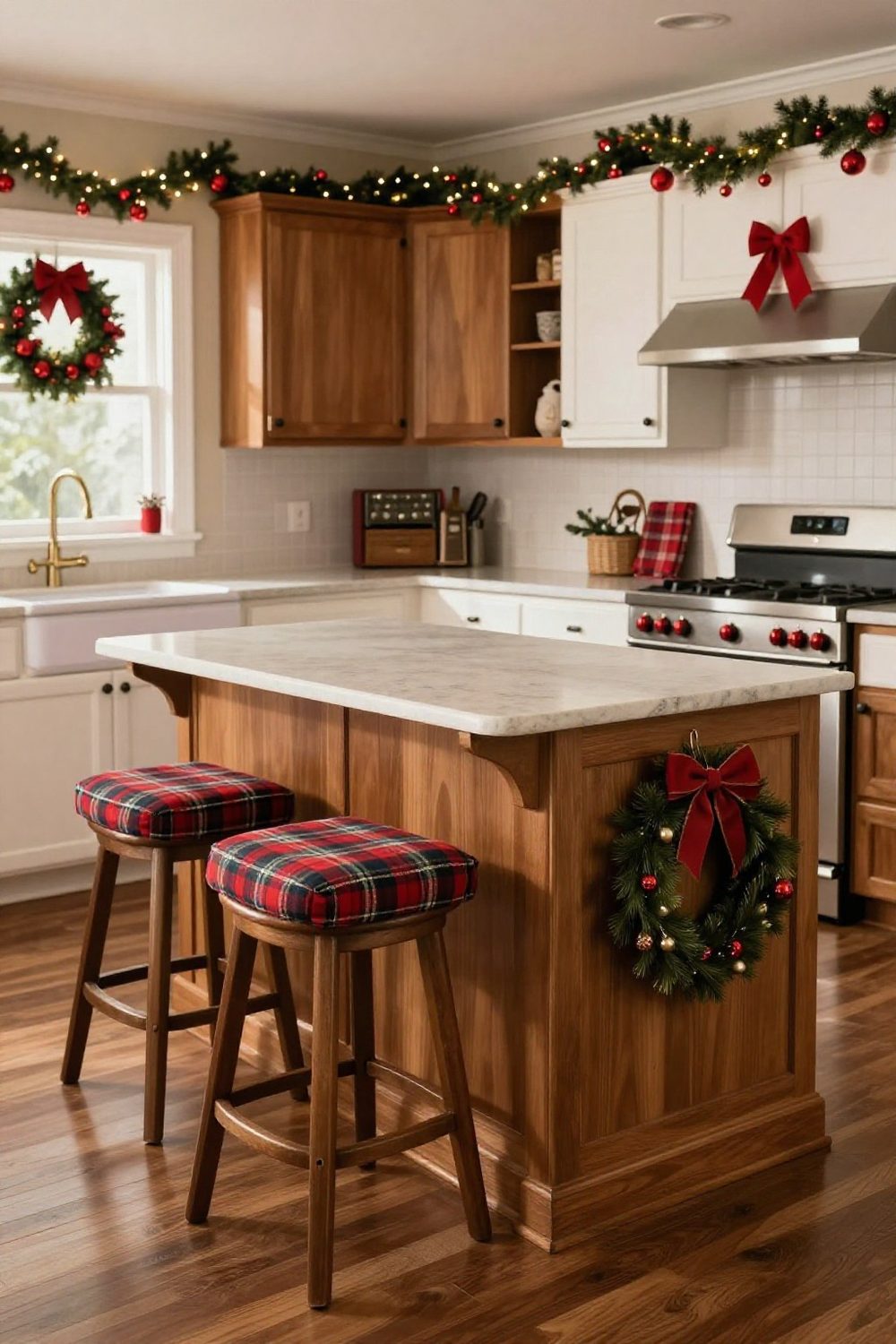 Kitchen bar stools with small plaid cushions and a wreath on the island end panel