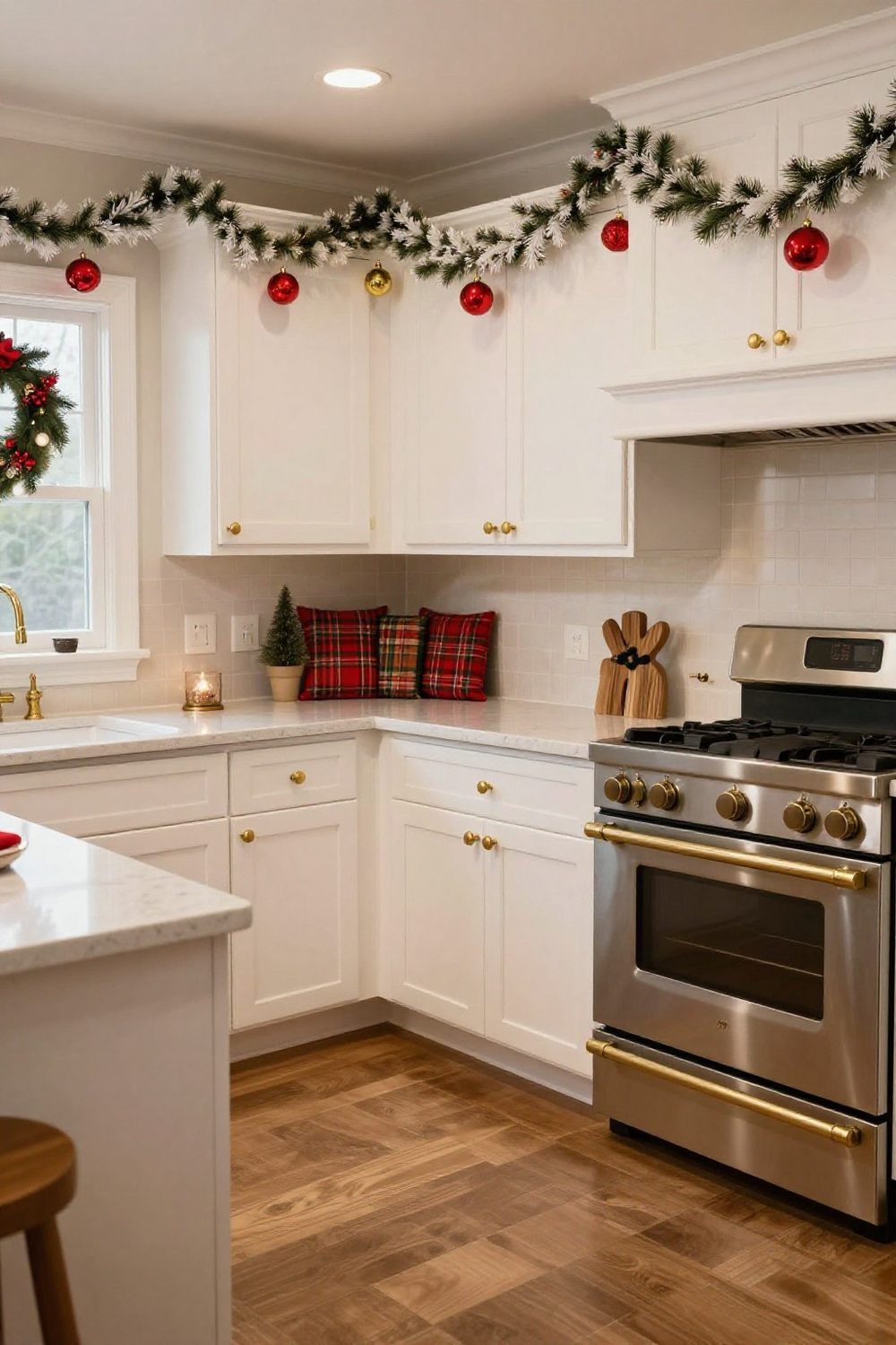 Elegant white and gold Christmas kitchen with brass hardware and white garland