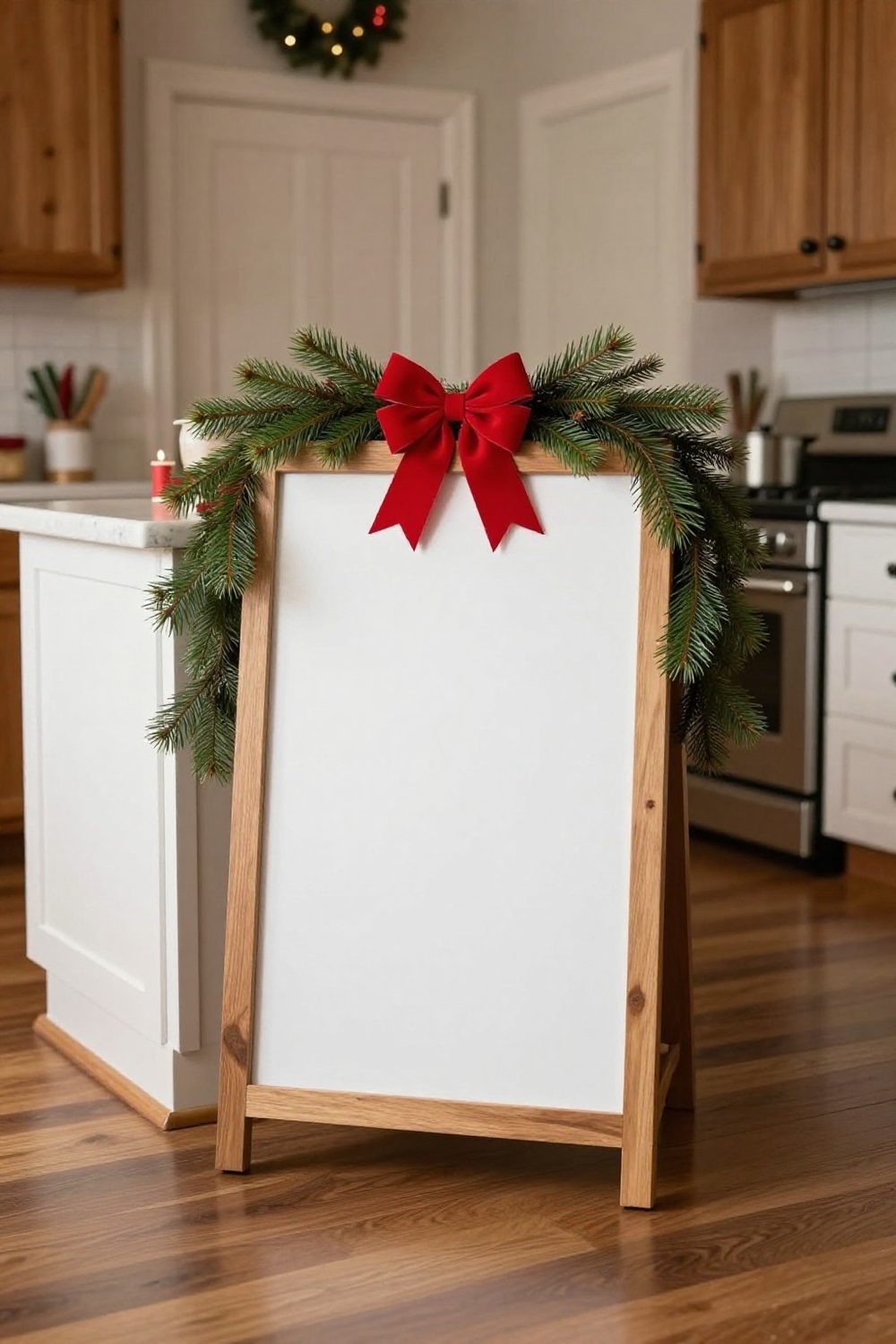 Kitchen chalkboard menu area decorated with greenery, without visible text