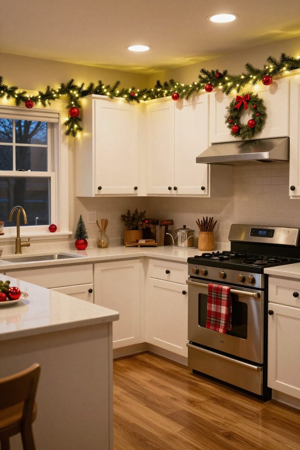 Cozy Christmas kitchen at evening lit by under-cabinet lights and warm string lights