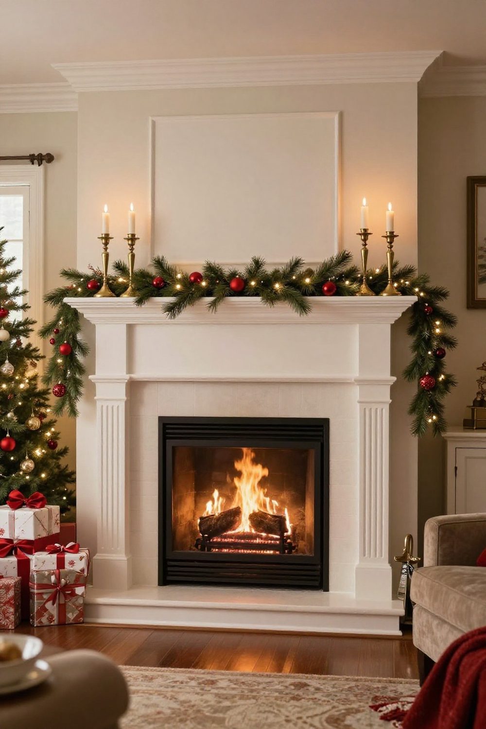 Fireplace mantel with a full cedar and pine garland draping past both ends, brass candlesticks and red ornaments, fire not lit
