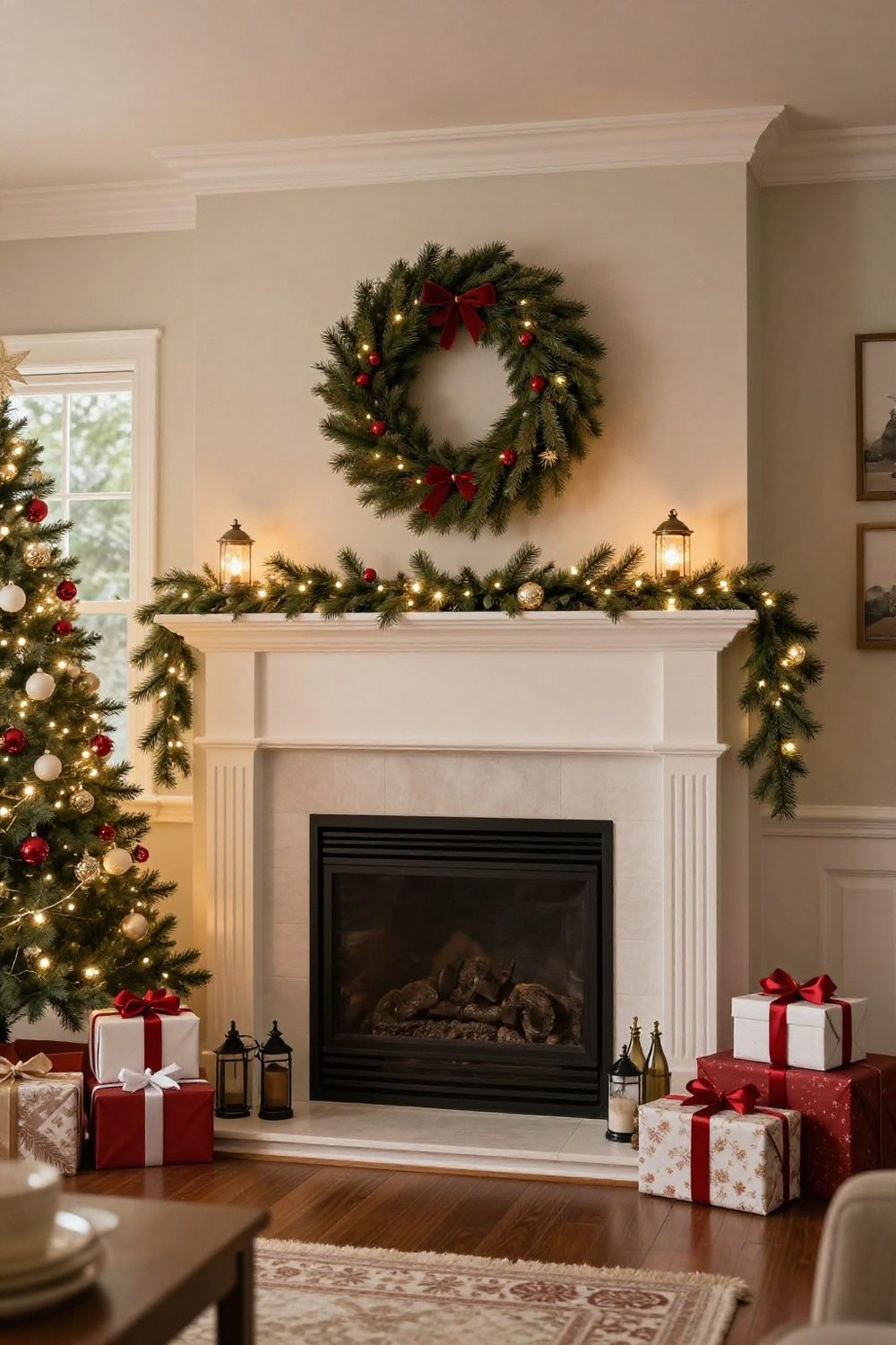 Christmas mantel with a large wreath centered above it and garland on the shelf