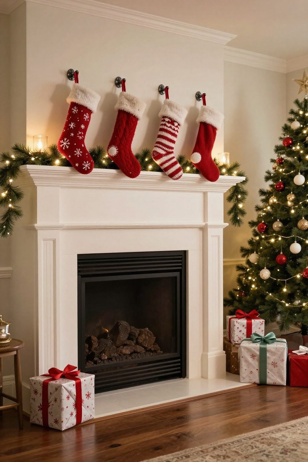 Weighted stocking holders on a mantel with knit stockings, fireplace not lit