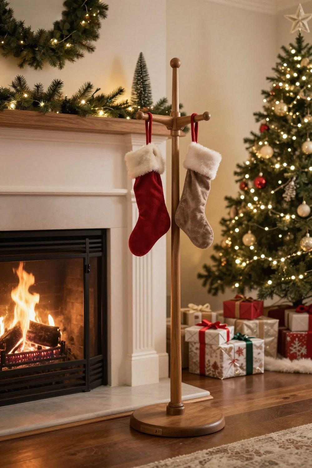Christmas stockings hanging from a wooden stocking stand beside a lit fireplace with a screen