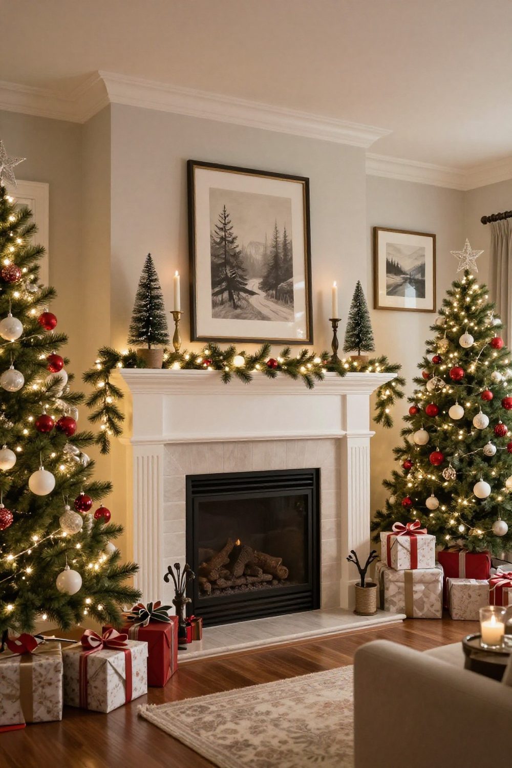 Layered Christmas mantel with framed art, candlesticks, small trees and garland at different heights