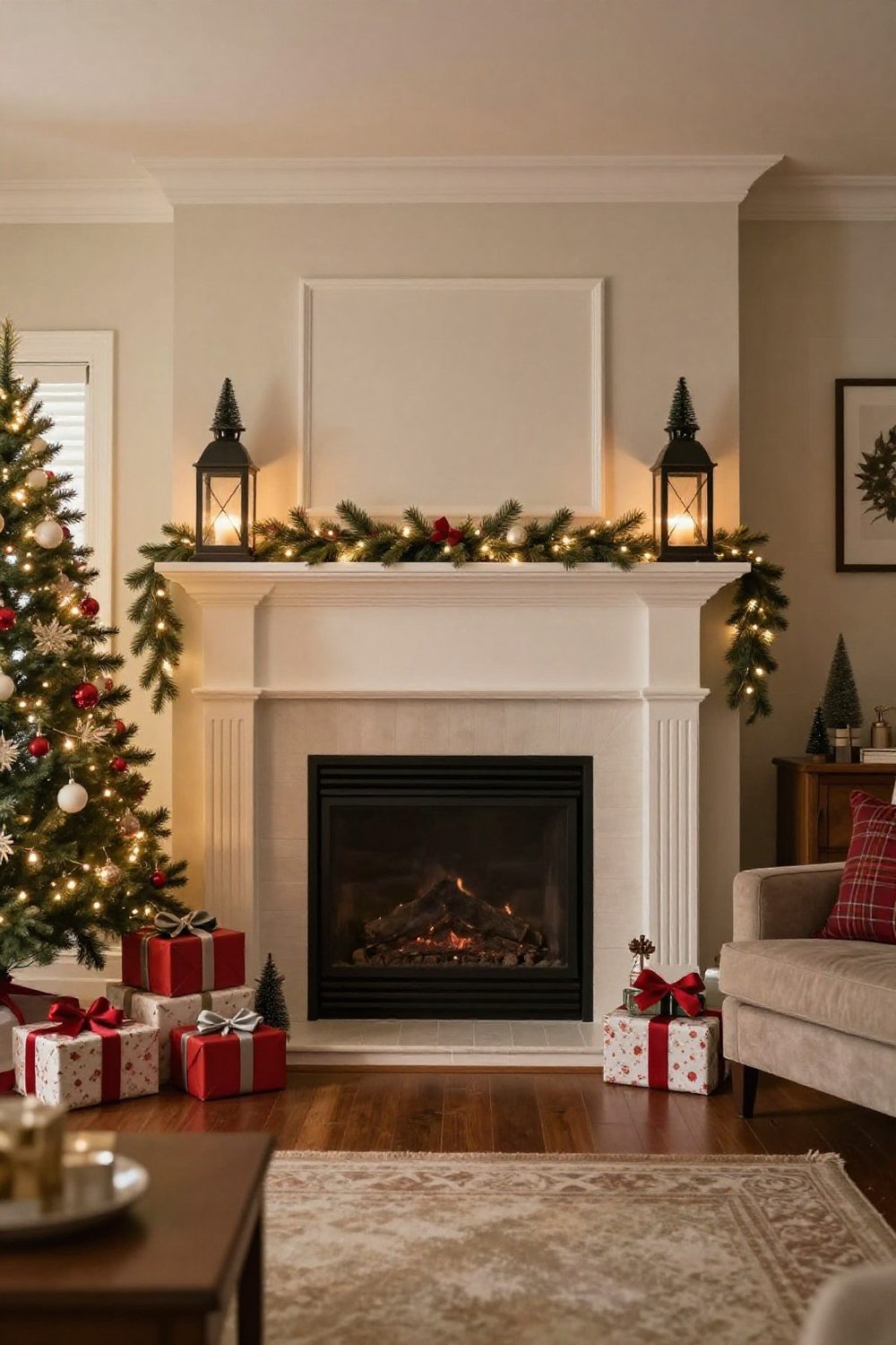 Symmetrical Christmas mantel with matching lanterns and small trees on both ends