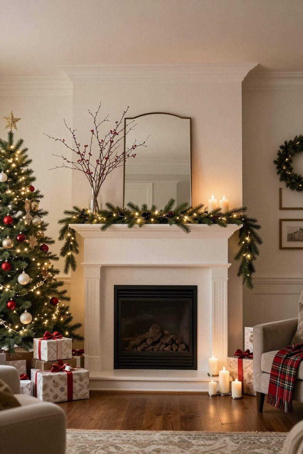 Asymmetrical modern Christmas mantel with tall branches on one side and low candles on the other