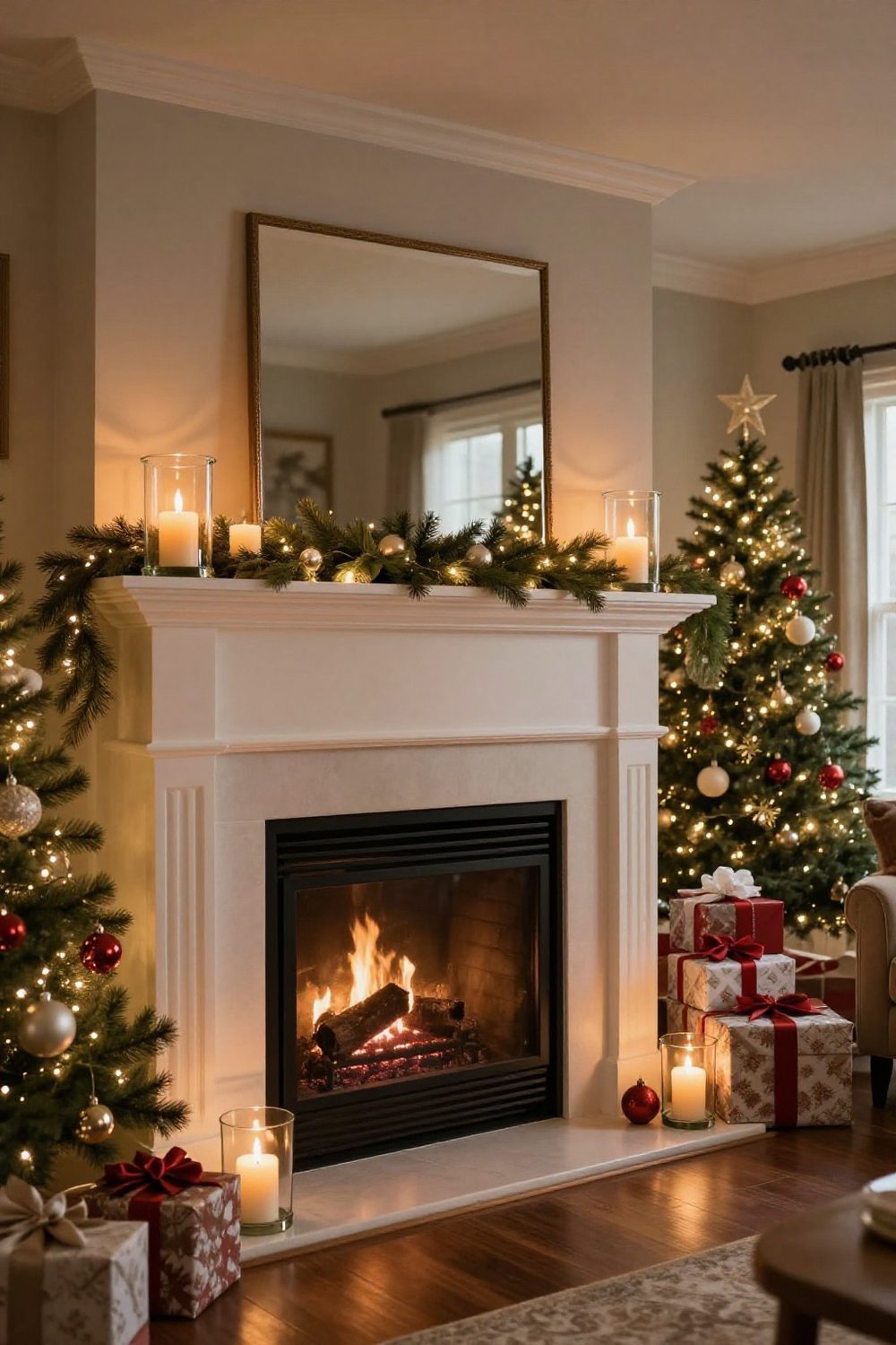 Fireplace mantel lined with flameless pillar candles in glass hurricanes and greenery