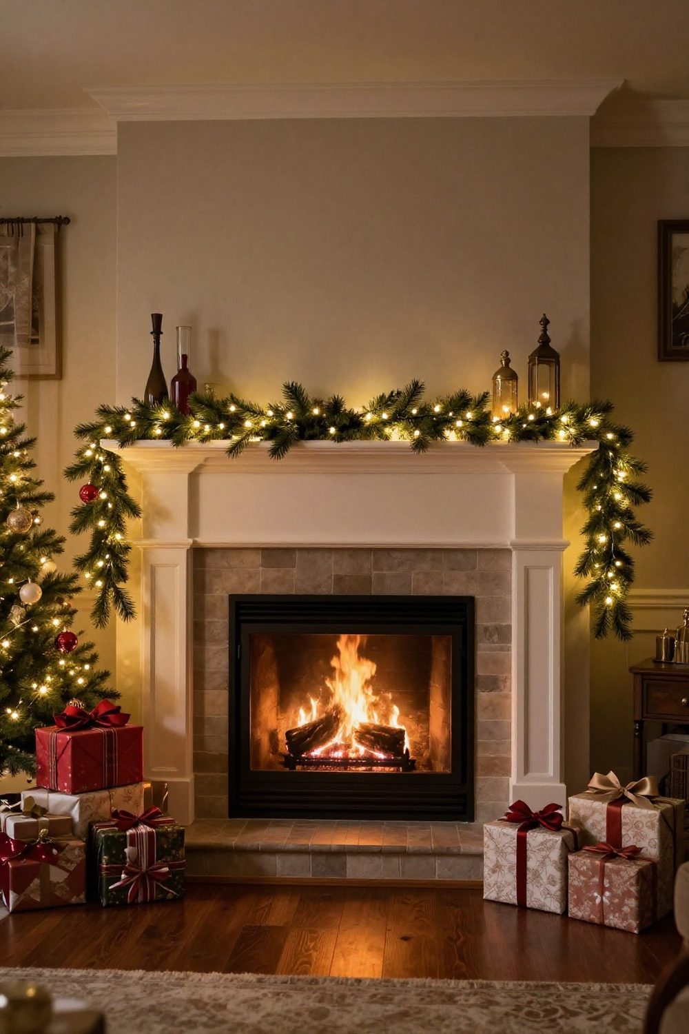 Christmas mantel with garland and warm white string lights woven through it, fire not lit