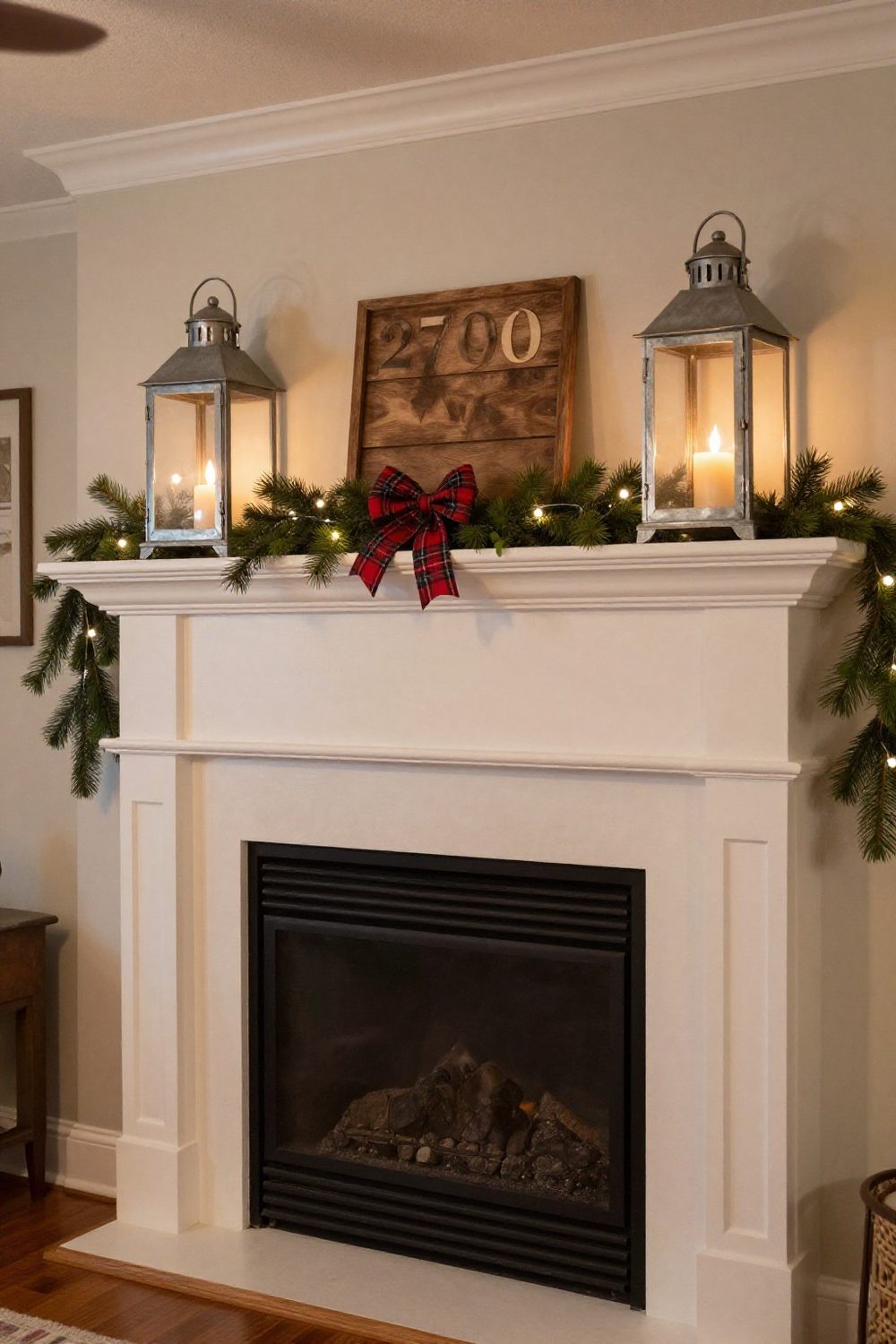 Farmhouse Christmas fireplace with wood bead garland, galvanized lanterns and buffalo plaid stockings