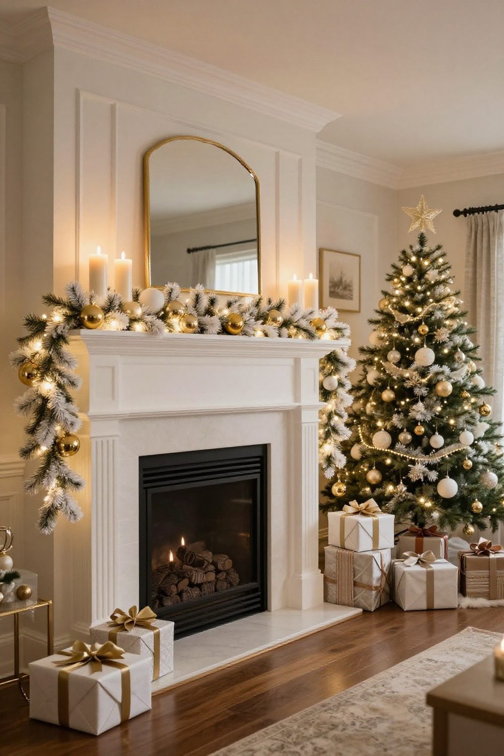 Elegant white and gold Christmas mantel with white garland, gold ornaments and ivory candles