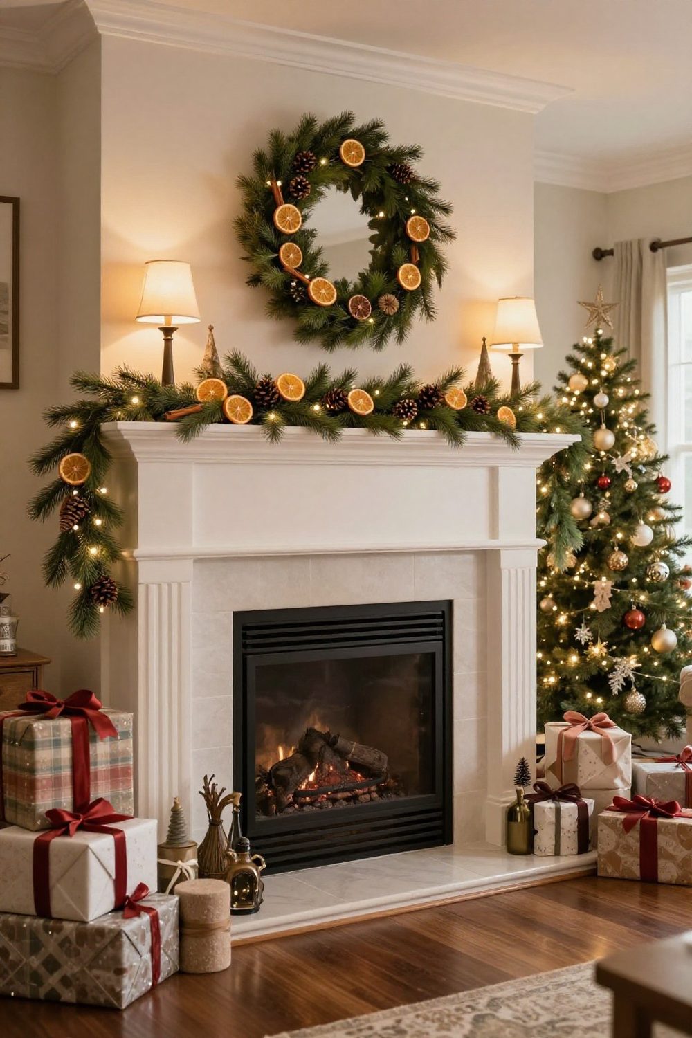 Christmas mantel with dried orange slices, pinecones and cinnamon tucked into greenery