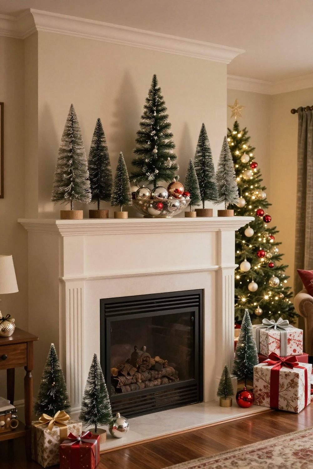 Vintage Christmas mantel with a collection of old glass ornaments in a bowl and bottle brush trees