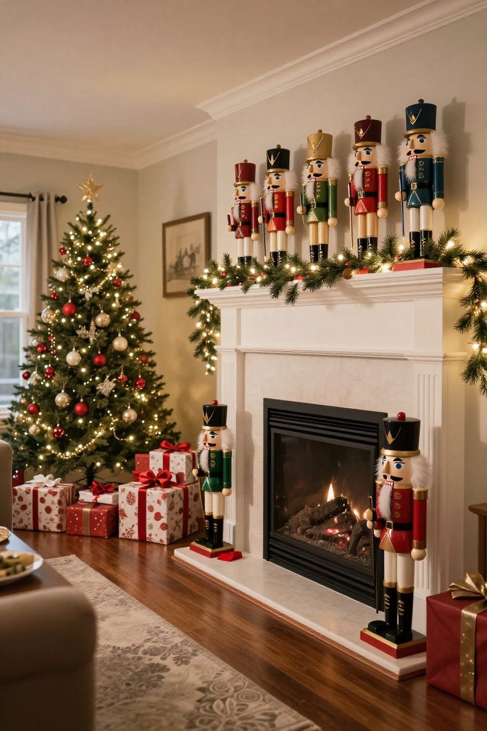 Row of wooden nutcrackers standing on a Christmas mantel with garland
