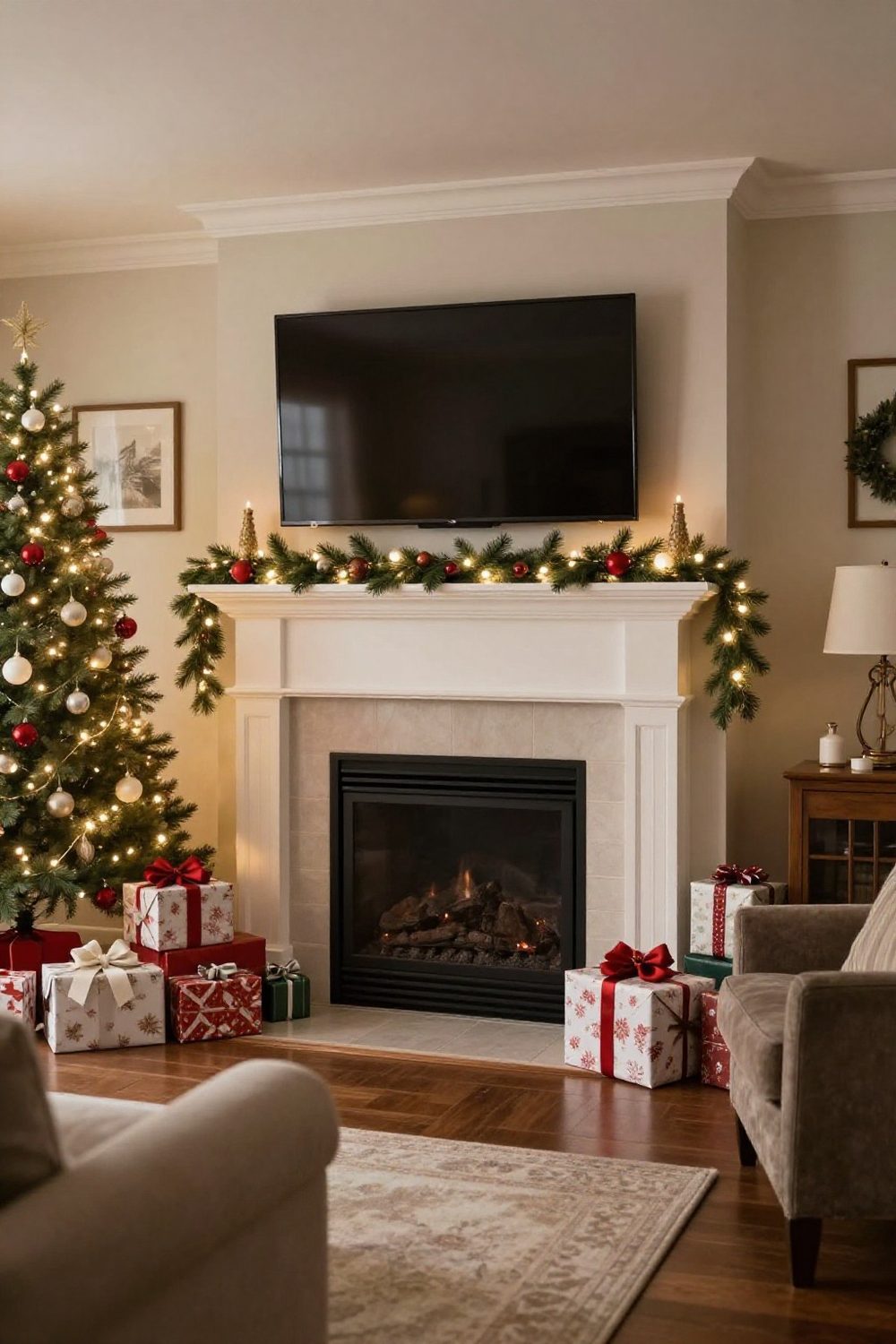 Christmas mantel with a television above, low garland kept below the screen
