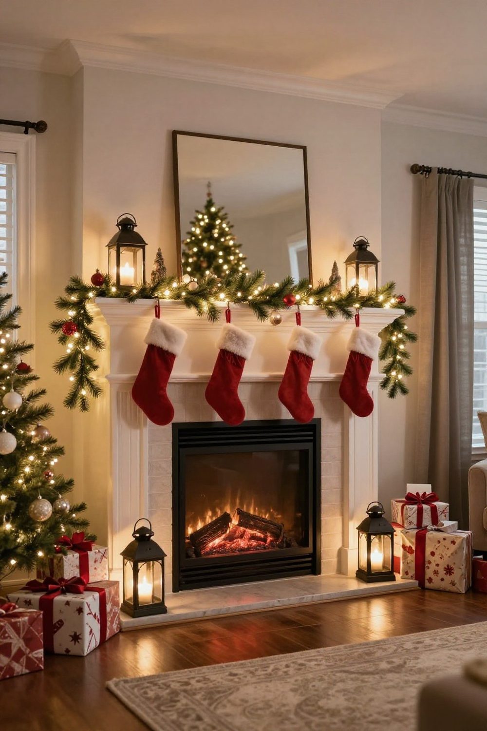 Electric fireplace decorated for Christmas with garland, stockings and lanterns