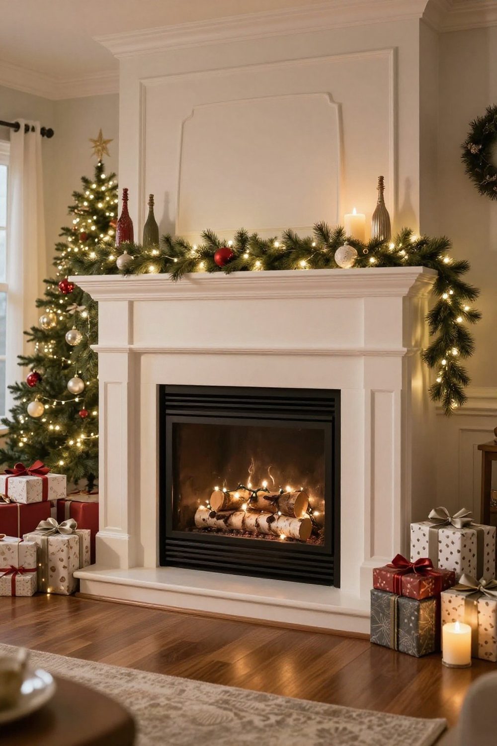 Decorative non-working fireplace filled with birch logs and string lights for Christmas