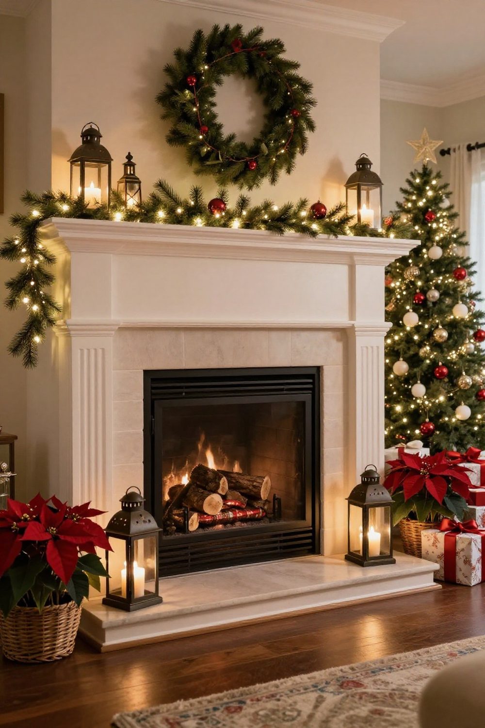 Christmas fireplace hearth with lanterns, a basket of logs and poinsettias