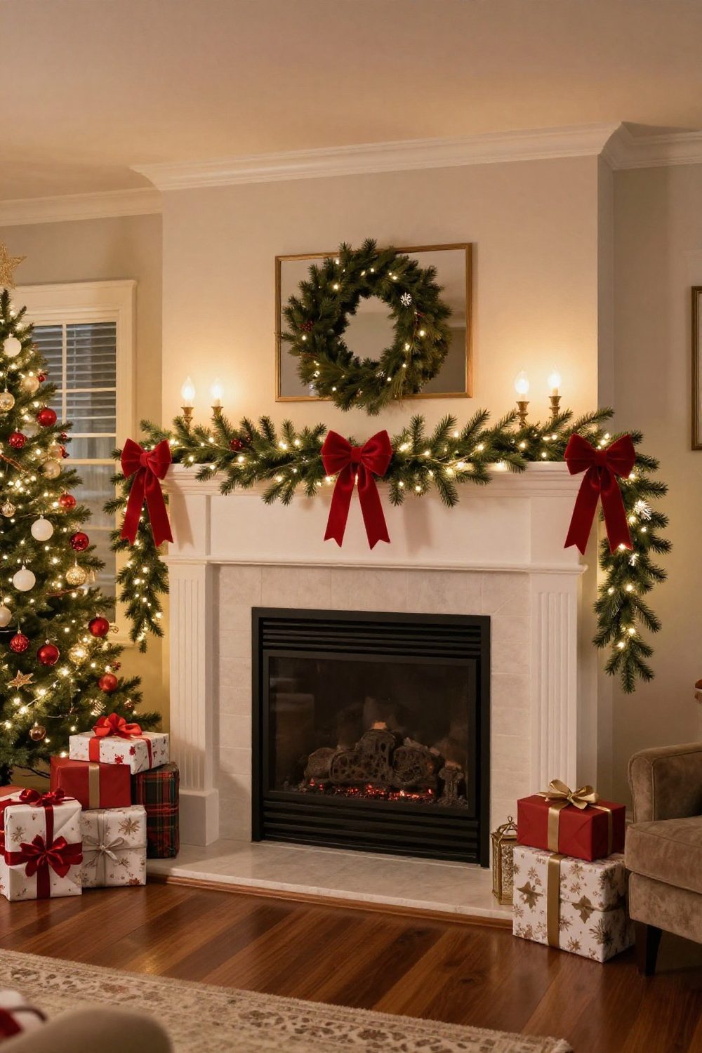 Christmas mantel with garland and red velvet ribbon bows at intervals