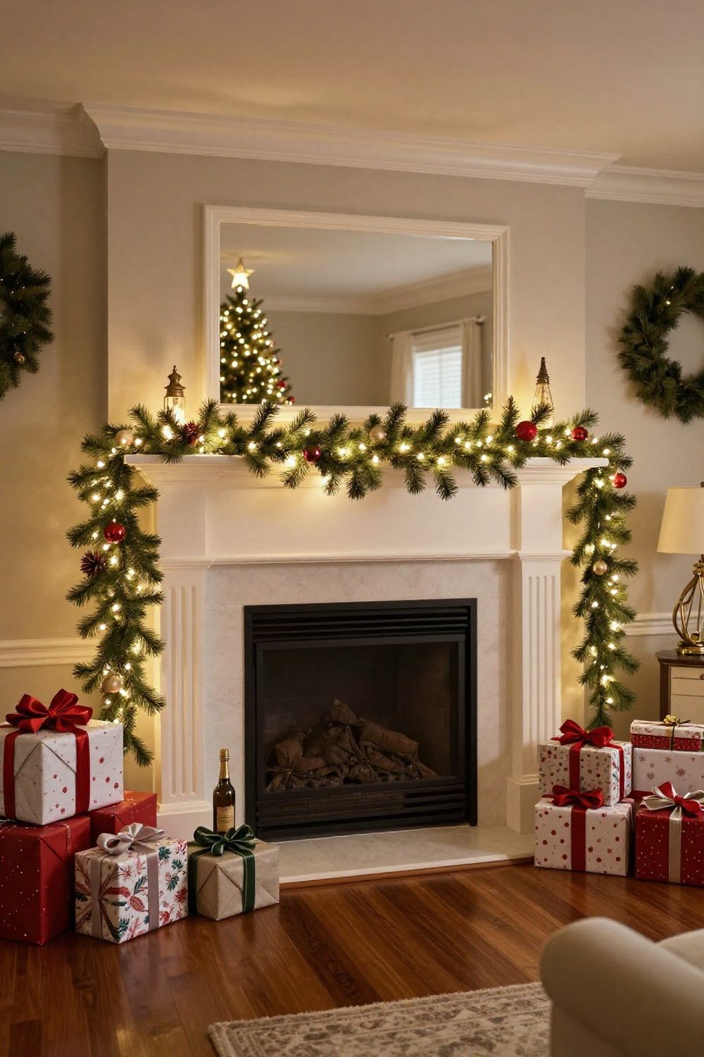 Christmas mantel with garland cascading down both sides of the fireplace surround to the floor