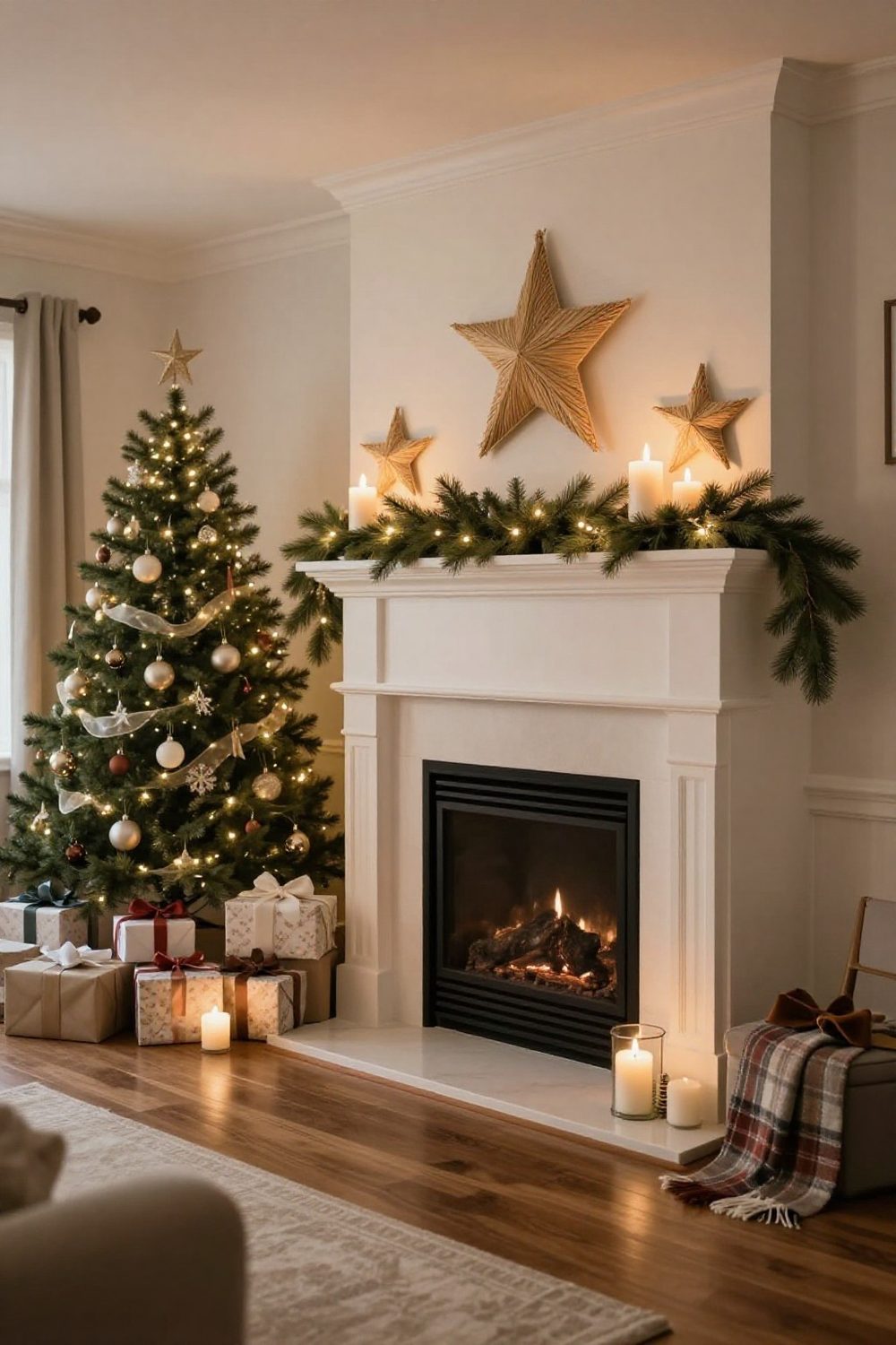 Scandinavian Christmas mantel with straw stars, white candles and simple greenery