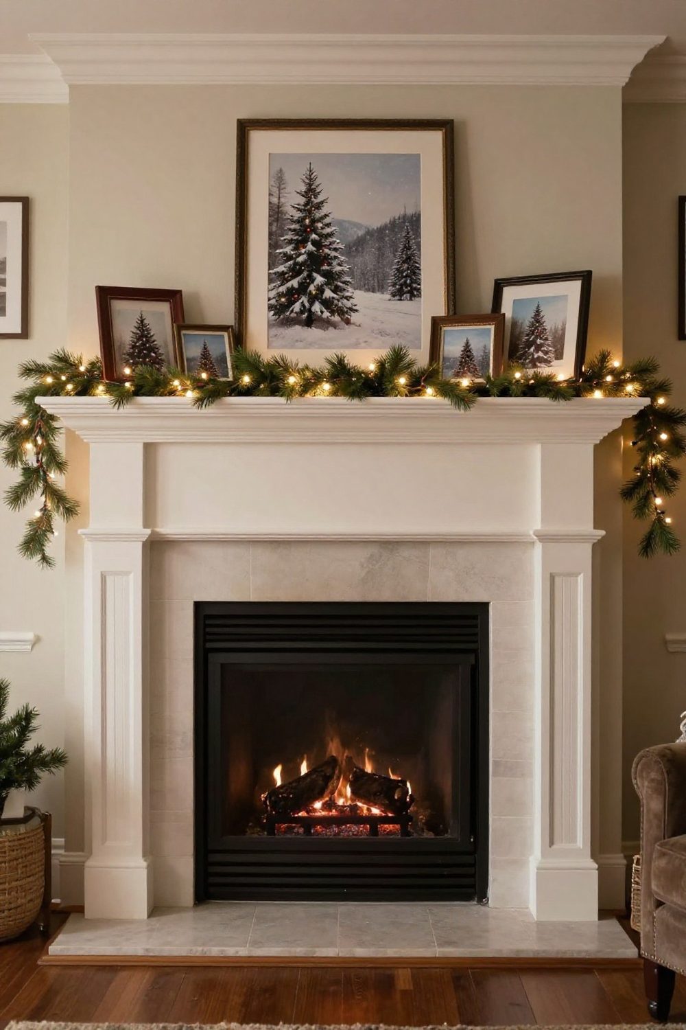 Christmas mantel with framed family photos tucked into greenery