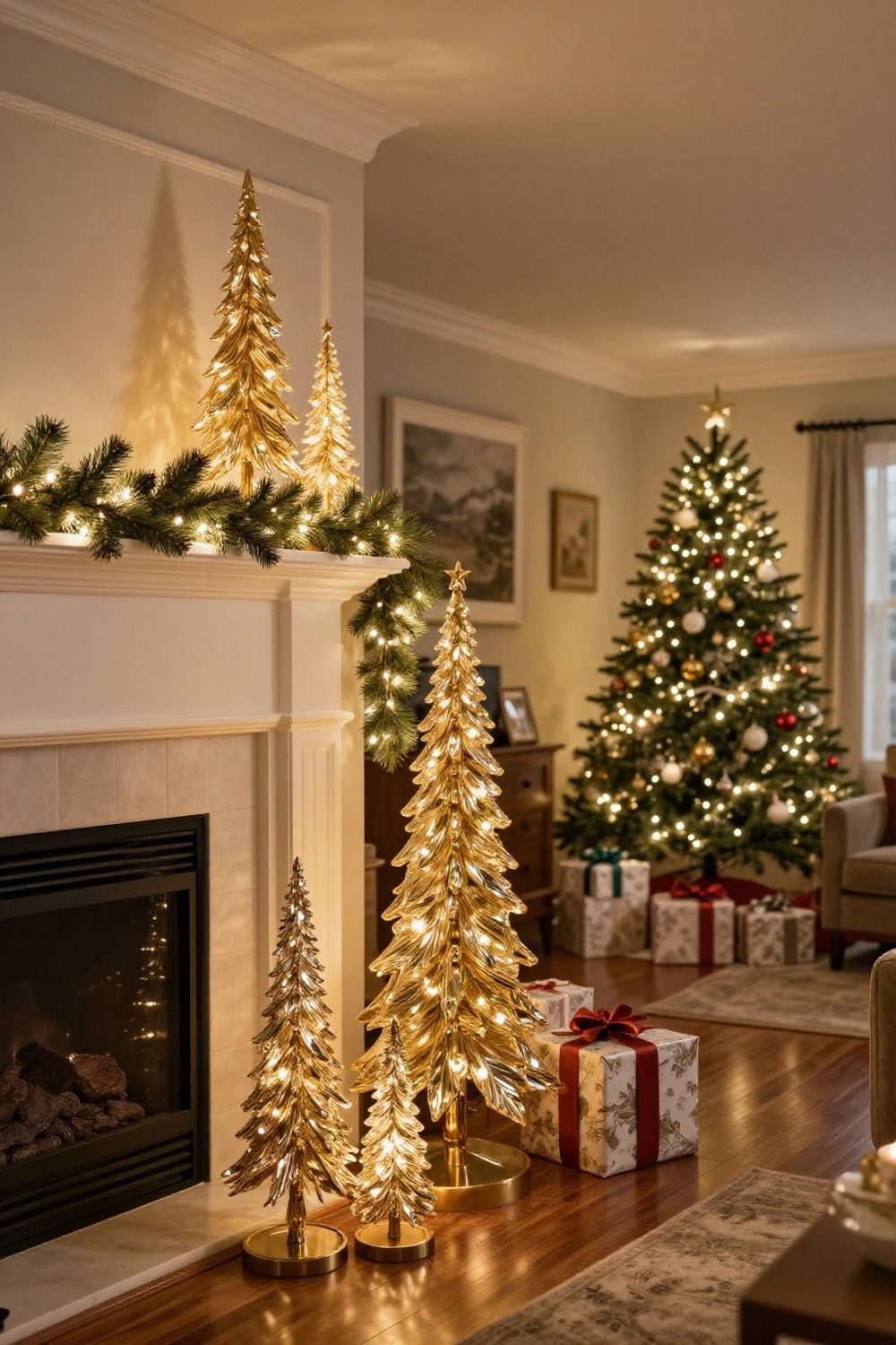 Christmas mantel with gold mercury glass trees of different heights and garland