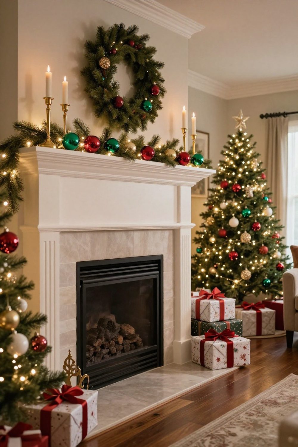 Christmas mantel styled with jewel-toned ornaments in emerald and ruby with gold candlesticks