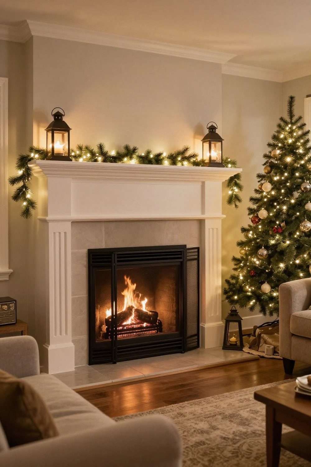 Cozy living room at night with a decorated Christmas mantel glowing with lights and a fire behind a screen