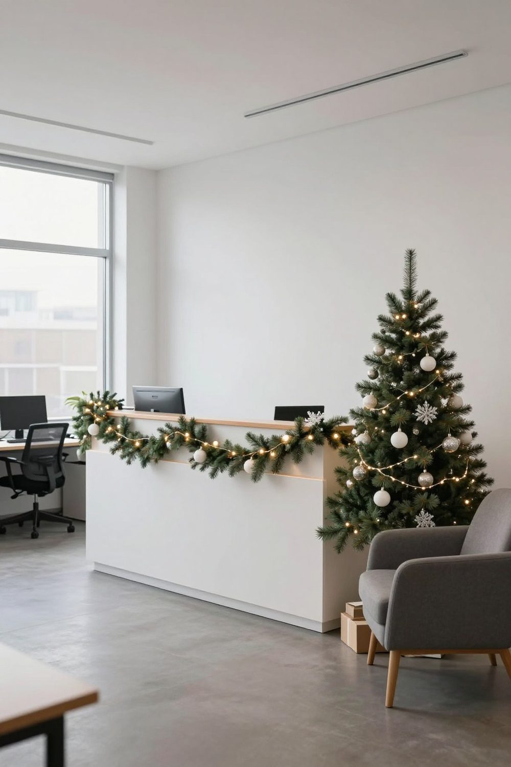 Office reception desk decorated with a garland, white lights and a small artificial tree