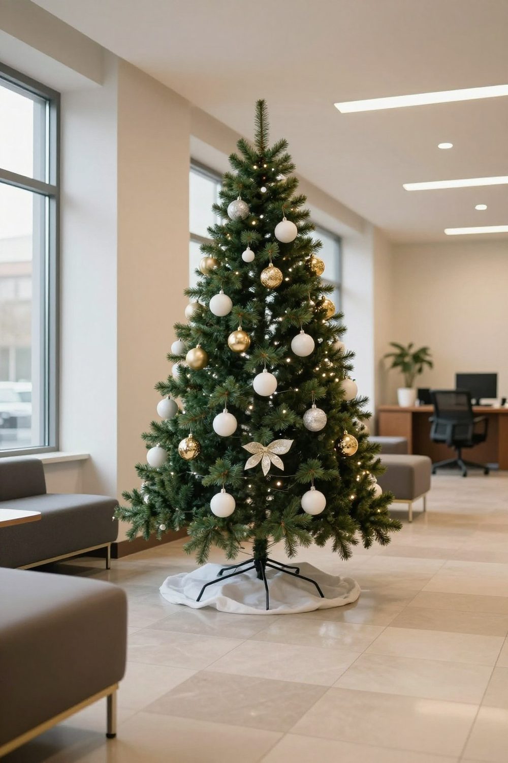 Artificial Christmas tree in an office lobby decorated with white and gold ornaments