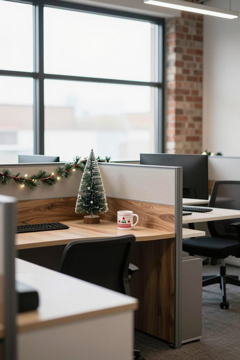 Office cubicle desk decorated with a mini tree, a small garland and a festive mug
